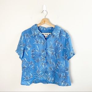 Style Co Blue Floral Button Down Short Sleeve Blouse